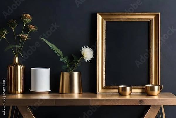 Fototapeta blackboard with flowers and frame on table