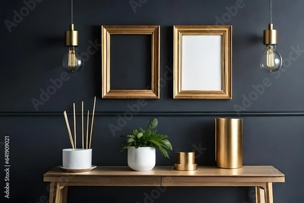 Fototapeta Wooden frame mockup on shelf over black wall with gold vases, blank two photo frame with copy space