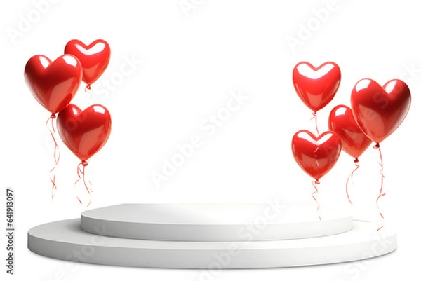 Obraz 3D podium Valentine red heart shaped helium balloons floating decorations s, Empty stage display presentation product scene, isolated on white and transparent background, ai generate