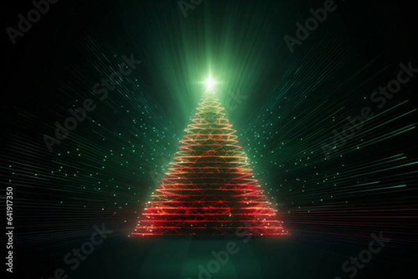 Fototapeta Abstract Christmas tree with neon red and green lighting. Futuristic abstract background. Holiday digital illustration for design card, poster or banner in Christmas festival. Generative AI.