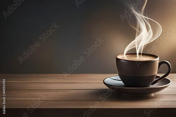 Fototapeta Coffee in blue cup on wooden table in cafe with lighting background
