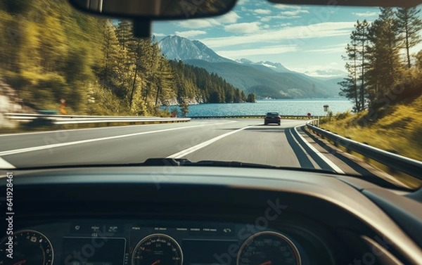 Fototapeta POV of driver capturing traffic by the car on a scenic road