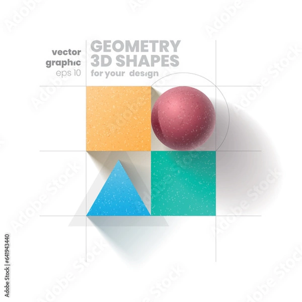 Obraz geometry 3d shapes composition for web design and social media, with outline grid and shadow, 3d elements with acrilic stone material on the isolated white background, abstract