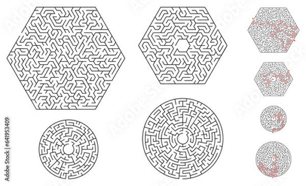 Fototapeta Black and white maze set with solution. A collection of hexagonal and circular mazes. A labyrinth game of varying complexity. Black and white vector