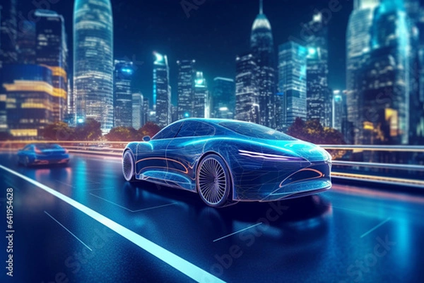 Fototapeta Car on the road in modern buildings city at night. 3d rendering