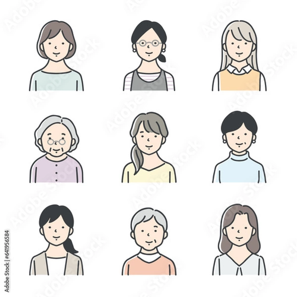 Fototapeta 様々な年代の女性のアイコンセット