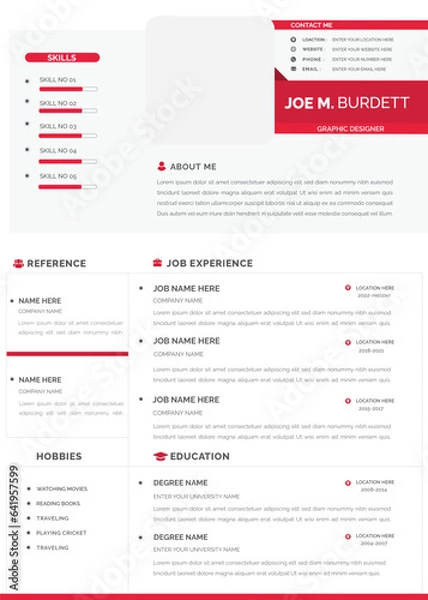 Fototapeta Clean Modern Resume Vector Template, Minimalist resume cv template, Resume design template, cv design, multipurpose resume design