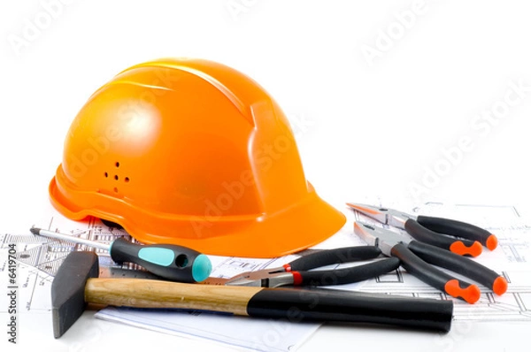 Obraz Yellow hard hat and working tools