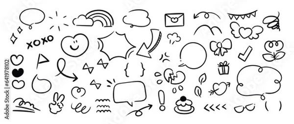 Fototapeta Set of cute pen line doodle element vector. Hand drawn doodle style collection of speech bubble, arrow, firework, heart, wind, fart. Design for decoration, sticker, idol poster, social media.