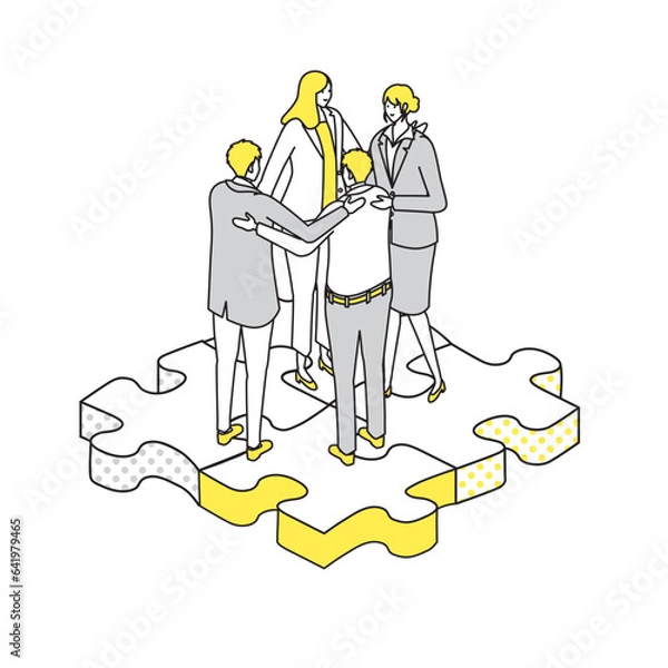Fototapeta アイソメトリック_まとまっているビジネスチームのシンプルタッチのイラスト