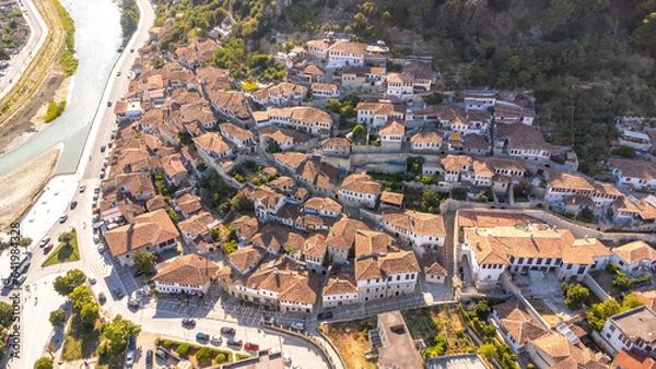 Fototapeta Aerial view of the city of Berat in Albania, the city of a thousand windows