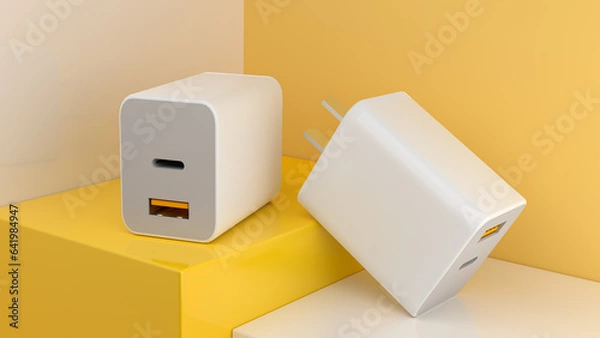 Fototapeta 3D render of White color adapter plug with USB-A and USB-C for new smartphone on orange background.