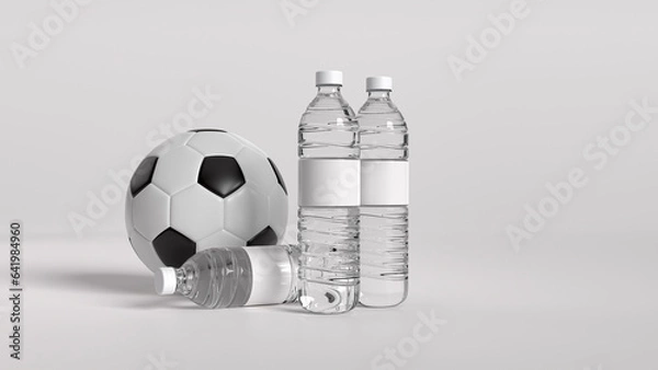 Fototapeta 3D render of 3 Plastic bottles of drinking water and football isolated on white background.