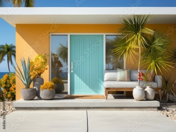 Fototapeta A very neat and colorful modern house with sunny boho beach colors