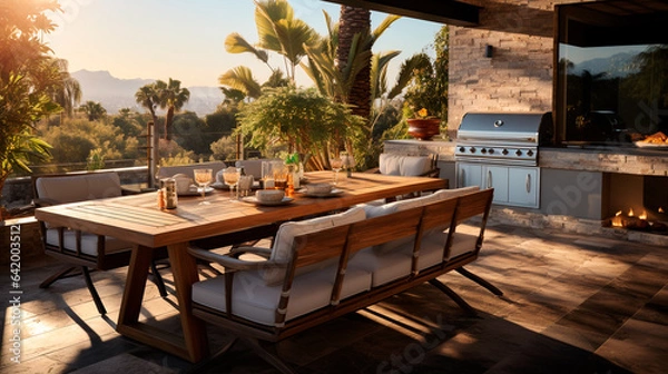 Fototapeta Outdoor patio entertainment area with a built - in barbecue and a bar setup
