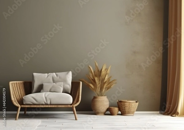 Fototapeta Contemporary Home Interior Featuring Rattan Furniture and Dried Plant