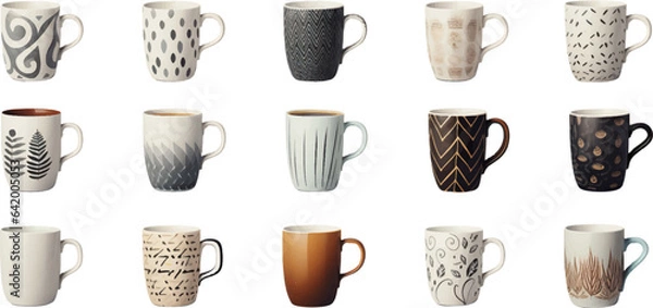 Fototapeta Set of mugs in different shapes on white background.  Generative AI