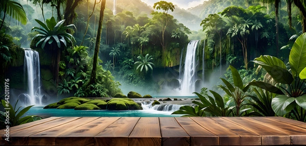 Fototapeta Empty wooden table top with jungle landscape with waterfall. Tropical rainforest valley landscape, for display or montage your products. AI generative.