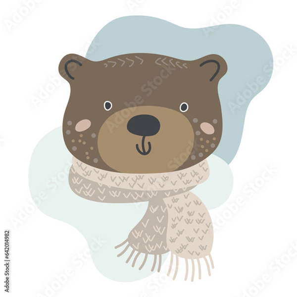 Fototapeta Hand drawn portrait of a cute bear in scandinavian style in pastel colors on a white background. Design element for baby clothes, cards, textiles, fabrics, wallpapers