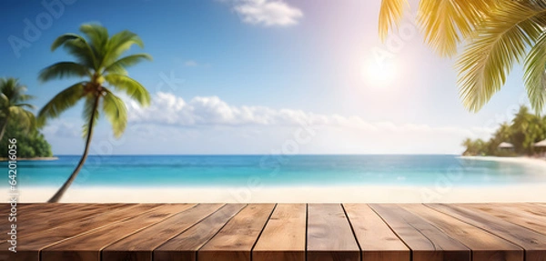Fototapeta Wooden table top with the blurred tropical beach landscape for display or montage your products. AI generative.