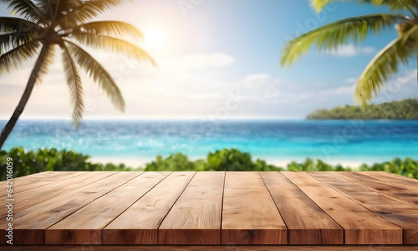 Fototapeta Wooden table top with the blurred tropical beach landscape for display or montage your products. AI generative.