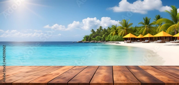 Fototapeta Wooden table top with the blurred tropical beach landscape for display or montage your products. AI generative.
