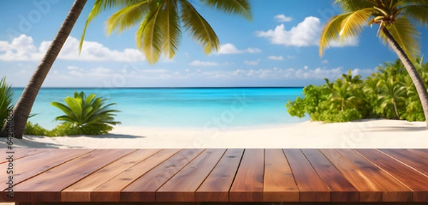 Fototapeta Wooden table top with the blurred tropical beach landscape for display or montage your products. AI generative.