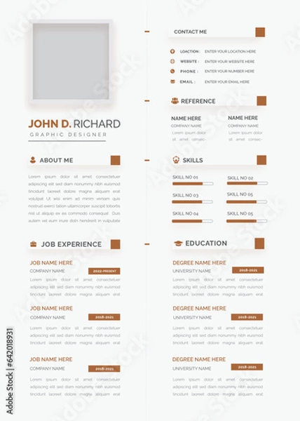 Fototapeta Clean Modern Resume Vector Template, Minimalist resume cv template, Resume design template, cv design, multipurpose resume design