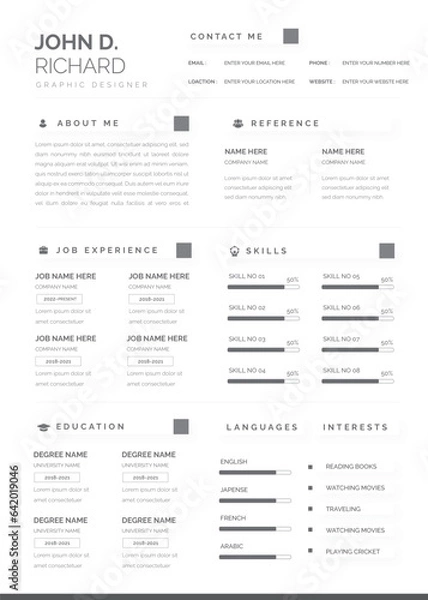 Fototapeta Clean Modern Resume Vector Template, Minimalist resume cv template, Resume design template, cv design, multipurpose resume design