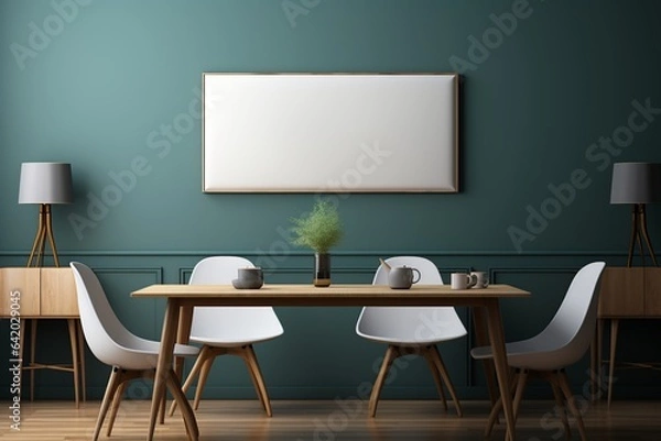 Fototapeta Minimalist Workspace with Blank White Canvas Amidst Dark Blue Decor