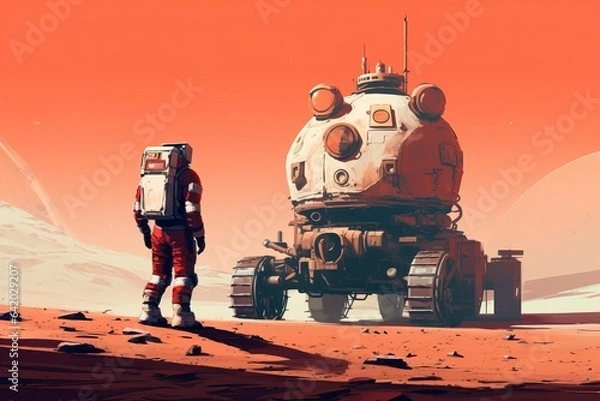 Fototapeta Mars Exploration - Astronaut and Rover on Red Planet