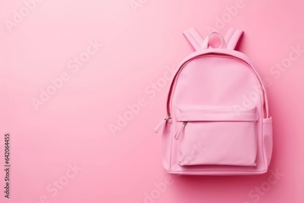 Obraz Backpack with school supplies top view on pink empty background