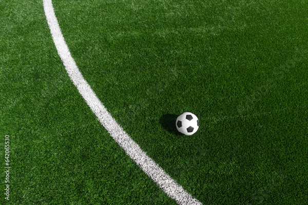 Fototapeta Black and white soccer and football ball in the field. Horizontal sport theme poster, greeting cards, headers, website and app