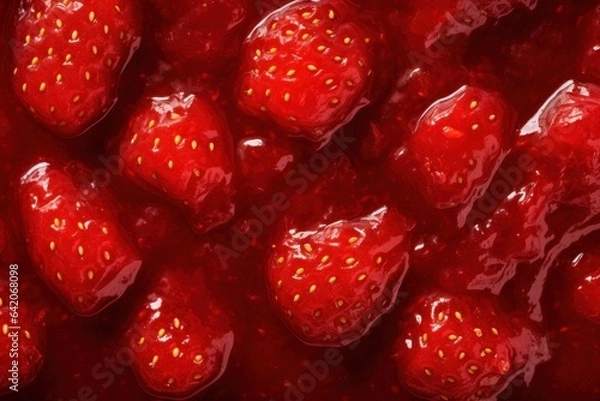 Obraz Close up of strawberries jam, top view. Macro red berry background. Generative AI food