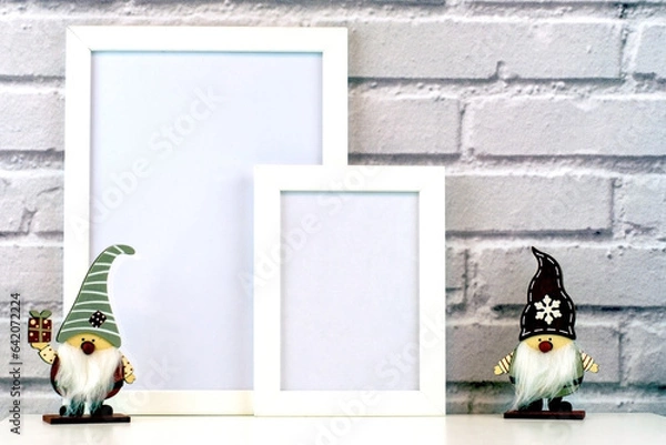 Obraz Christmas Frame. Photo frame. Flat lay. New Year concept. Christmas mock up. Winter. Christmas background. Xmas concept. Top view, copy space. Christmas photo frame mock up template