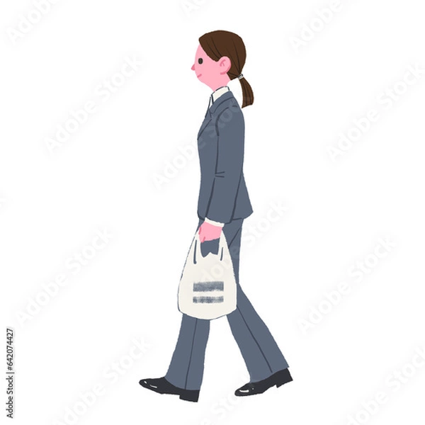 Obraz レジ袋を持ったパンツスーツの女性　横向き