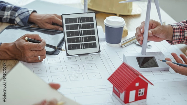 Fototapeta New Power House - Solar Energy, Meeting Engineer People at desk Solar Renewable Energy Planning and wind turbine technology new alternative energy development.