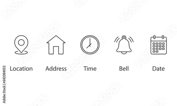Obraz Date, time, address, location, bell icon vector illustration. Icon set on isolated background. Notice sign concept.