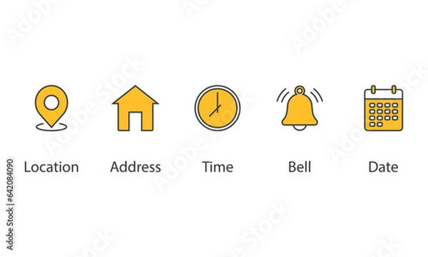 Obraz Date, time, address, location, bell icon vector illustration. Icon set on isolated background. Notice sign concept.