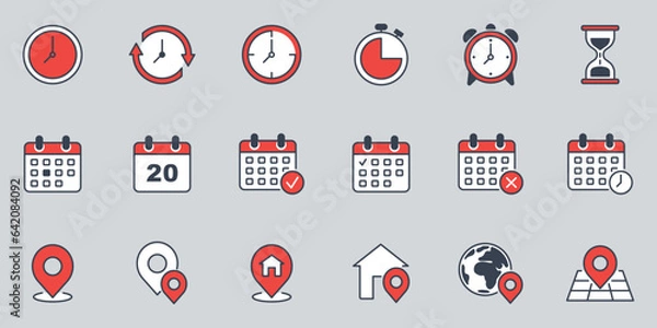 Obraz Clock, calendar and locaion icon vector illustration. Icon set on isolated background. Time, date and address sign concept.
