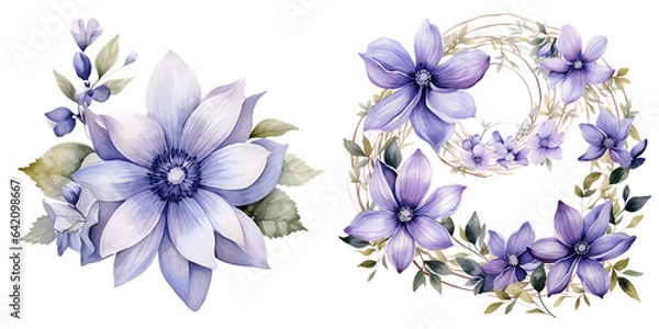Fototapeta Beautiful wedding wreath with Clematis flowers watercolor elements set.