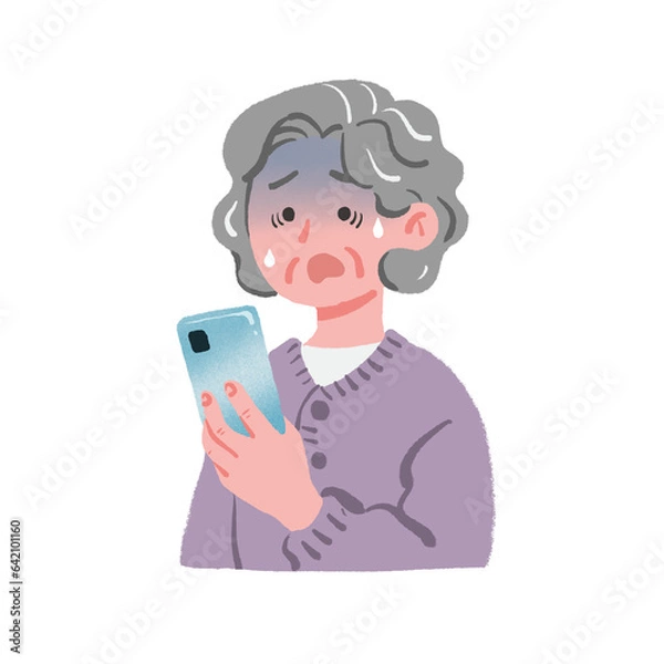 Obraz スマートフォンを見て青ざめているおばあちゃん