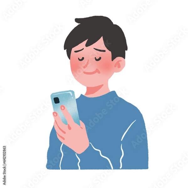 Obraz person with mobile phone　スマホを持って笑み浮かべる男性