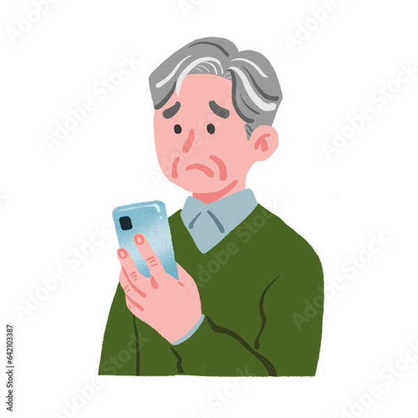 Obraz 困った表情でスマートフォンをみているおじいさん　困っている高齢男性