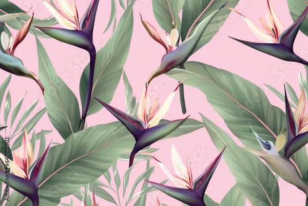 Fototapeta leaf colorful orange tropical pink flower jungle trendy seamless pattern. Generative AI.