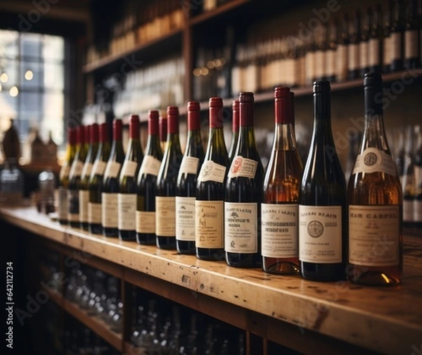Fototapeta Wine Shop Wall with Bottles on Shelf. Soft-Focus Aesthetic.