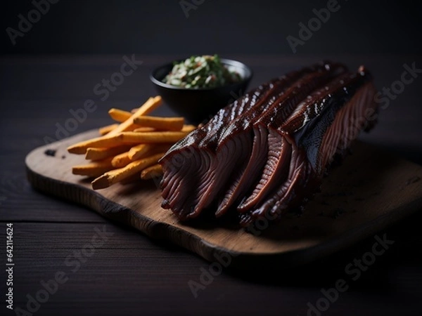 Fototapeta Grilled steak with fris on a wooden table