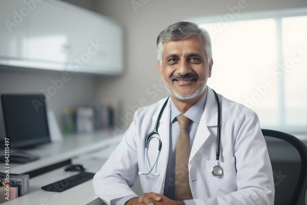 Fototapeta Generative ai portrait of smiling doctor sitting desk office