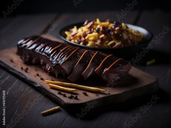Fototapeta Grilled steak with fris on a wooden table