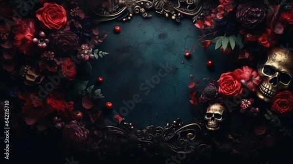 Fototapeta Dark moody baroque background for Halloween with skulls and flowers